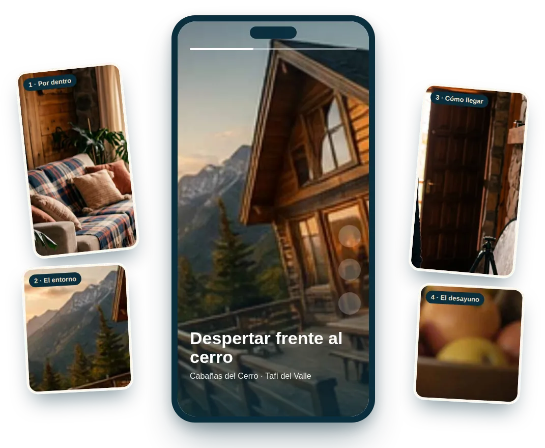 Reel de un alojamiento con portada y texto, junto a cuatro fotogramas del mismo video